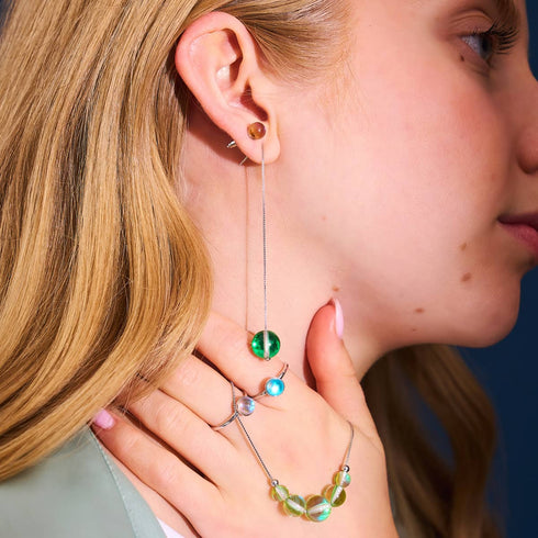 Boucles d'oreilles pendantes en chaîne de verre Galaxy | Argent sterling 925 | Lune émeraude